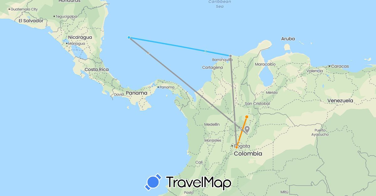 TravelMap itinerary: driving, plane, boat, hitchhiking in Colombia (South America)